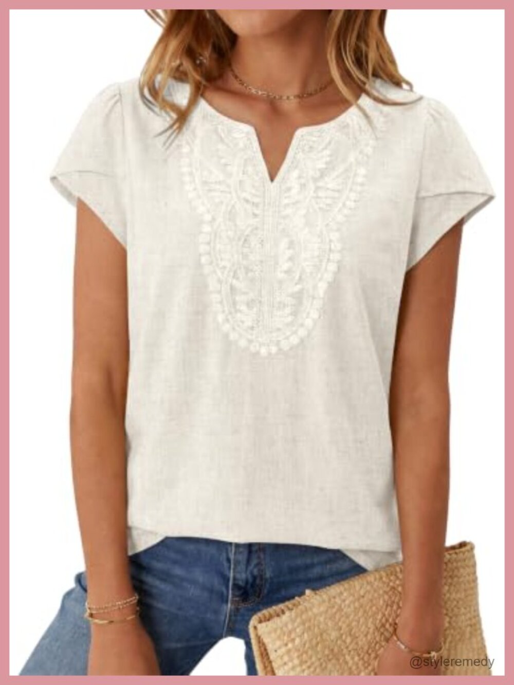 Linen Blend Cap Sleeve Boho Blouse Lace V-Neck Summer Top